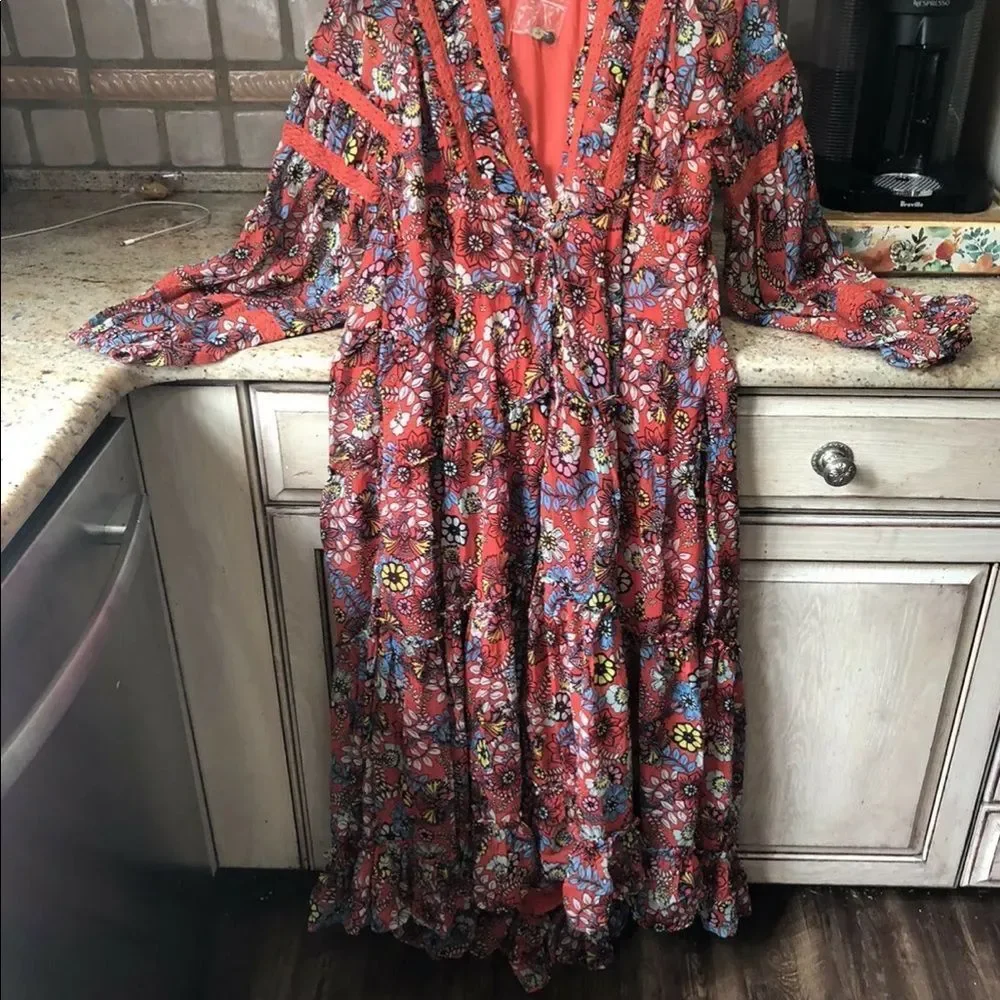 Free People Cassis Printed Chiffon Dress Tiered LinedFloral Red Pink Blue Yellow - Picture 4 of 6